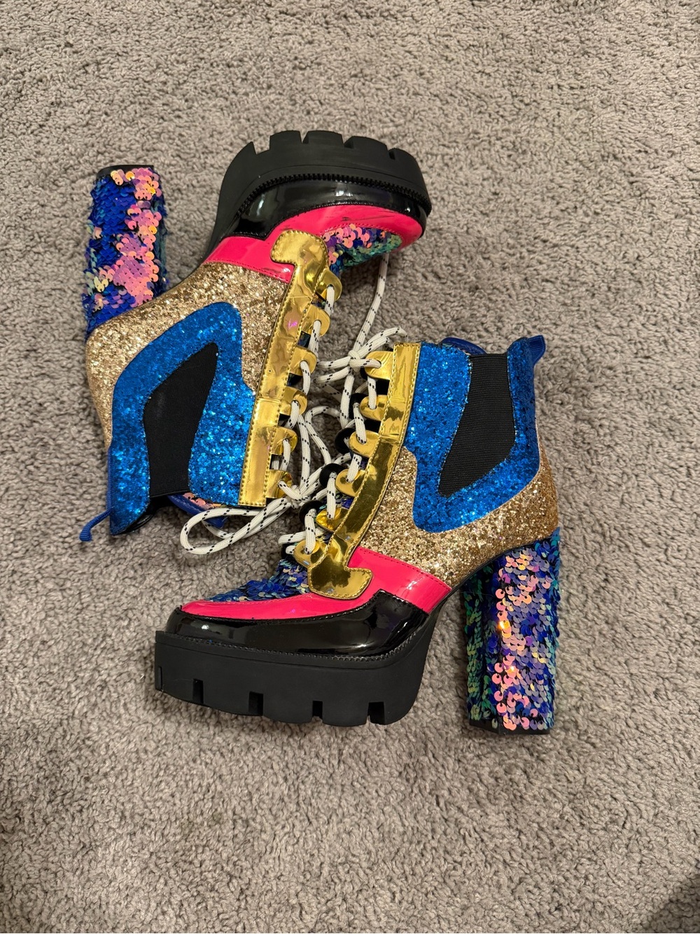 Cape Robbin Nell Sequined Platform Lace-Up Boots in Multicolor